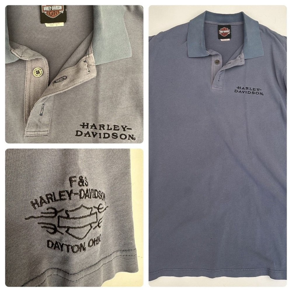 Vintage Faded Blue Harley Davidson Distressed polo, Shirt Men's M F&S Dayton OH